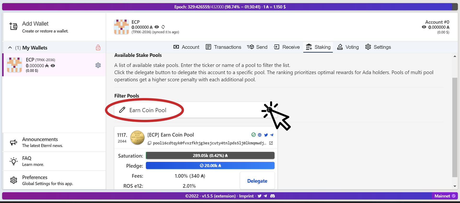 Delegate ADA to ECP Pool using ccvault wallet